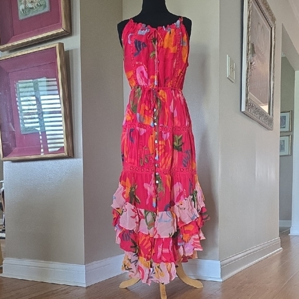 FARM Rio Mixed Fruits Ocean Ruffled Maxi Dress